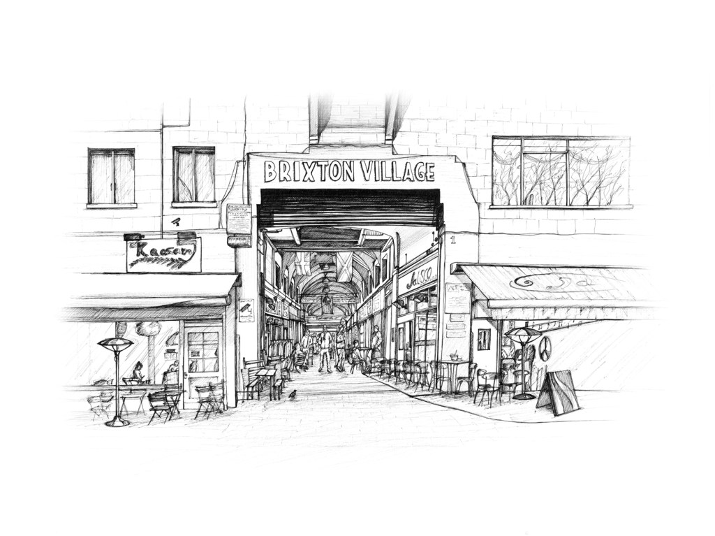 Brixton Village, Brixton. Illustration by Henry O'Boyle. Article Explore the Mesmerising World of Hand-Drawn Brixton by Creative Londoners.