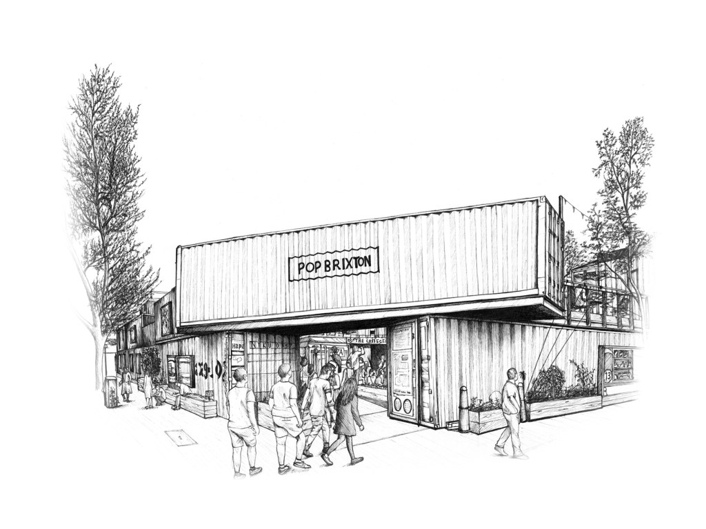 Pop Brixton, Brixton. Illustration by Henry O'Boyle. Article Explore the Mesmerising World of Hand-Drawn Brixton by Creative Londoners.