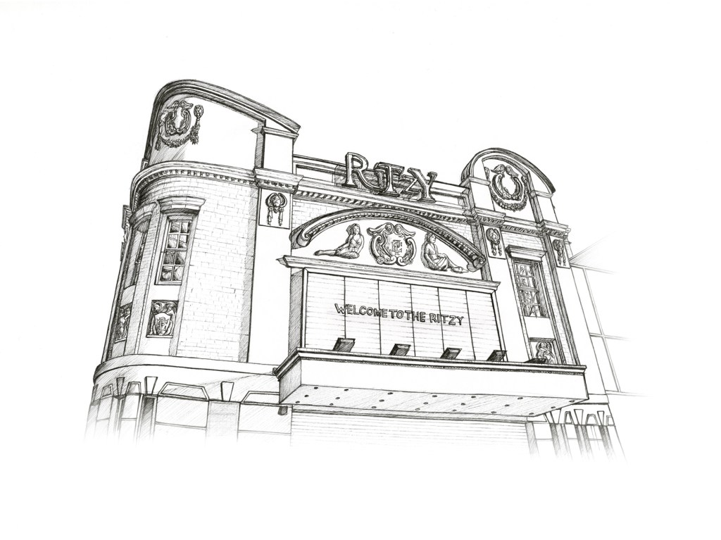 Ritzy Cinema, Brixton. Illustration by Henry O'Boyle. Article Explore the Mesmerising World of Hand-Drawn Brixton by Creative Londoners.
