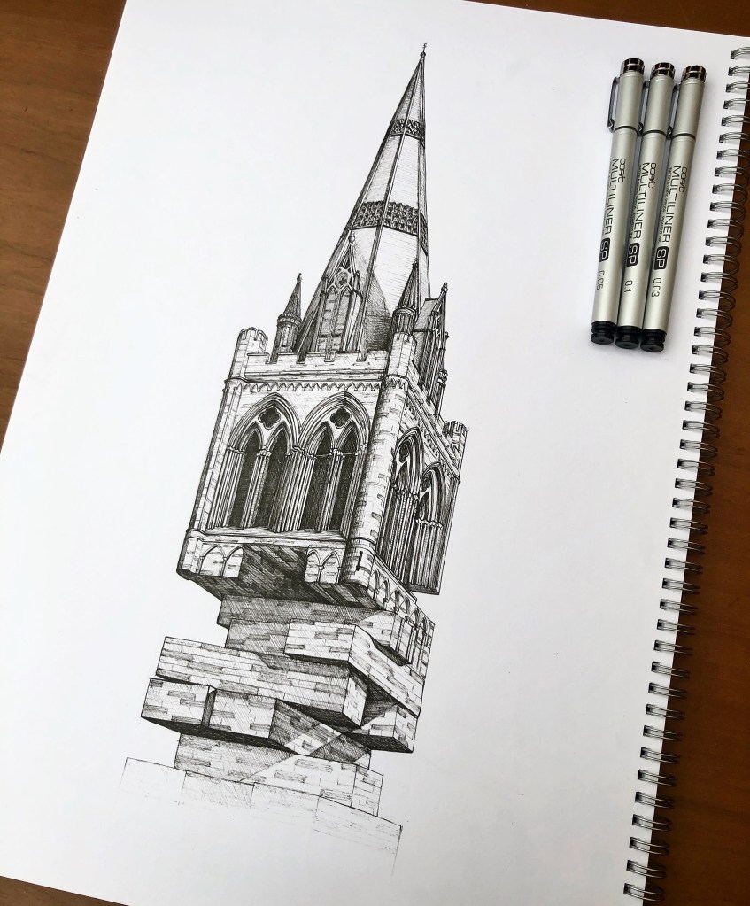 Chichester Cathedral. Illustration by Henry O'Boyle. Article Explore the Mesmerising World of Hand-Drawn Brixton by Creative Londoners.
